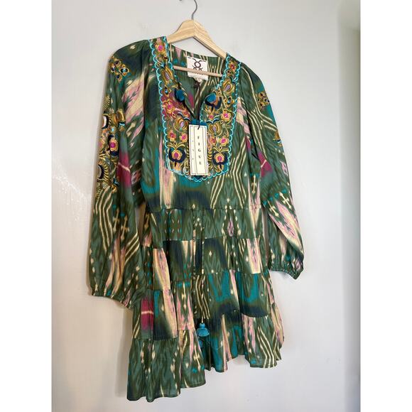 NEW Figue Josie Salome Ikat Print Fatigue Green V-Neck Long Sleeve Mini Dress - Picture 3 of 7